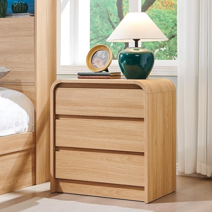 25" Tall Modern Nightstand with Charging Station, 23.6'' Wide Wood Bedside Table w/3 Storage Drawers, Small Dresser w/Curved Profile Design, End Table for Bedroom, Natural Oak-Ruum Studio Home
