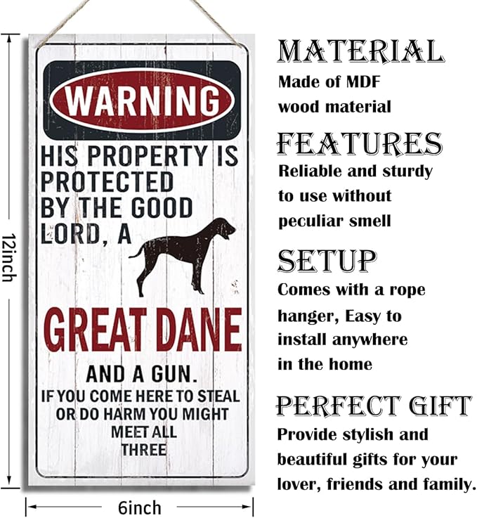 Warning Sign, This Property Is Protected By The Goodlord, A Great Dane And A Gun Warning Wood Plaque Sign, Funny Door Signs, Decorative Wood Hanging Suspension Plaque, Farmhouse Wooden Wall Decor-Ruum Studio Home