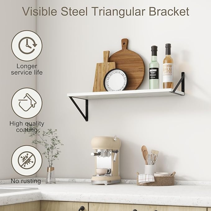 Fun Memories 27.5" W x10 D Floating Shelves, White Wall Shelf with Brackets, 10 Inch Deep Floating Shelf Set of 2, Large Storage Kitchen Living Room Bathroom Shelves, Wood Wall Mounted Shelf-Ruum Studio Home