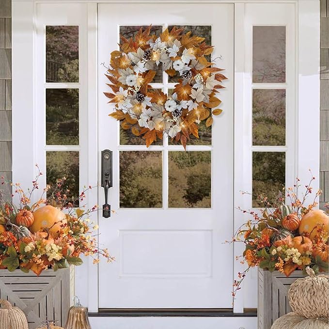 Fall Wreaths for Front Door Outside Autumn Wreath with Lights Berries Pine Cones Fall Decorations for Home Decor Pumpkin Wreath for Farmhouse Holiday Thanksgiving Harvest Halloween Outdoor-Ruum Studio Home