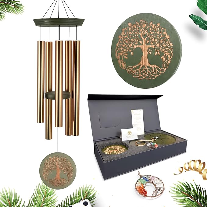 Gifts for Mom & Grandma - Outdoor Wind Chimes with Engraved Tree of Life, Large Patio Hanging Decor for Garden, Yard, Christmas, Anniversary Celebrations-Ruum Studio Home