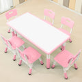 Children's Table and Chair Set Suitable for Boys and Girls Age 2-12 Height Adjustable Table top Can be Painted with 6 Seats Suitable for Family Learning Daily use (Pink)-Ruum Studio Home