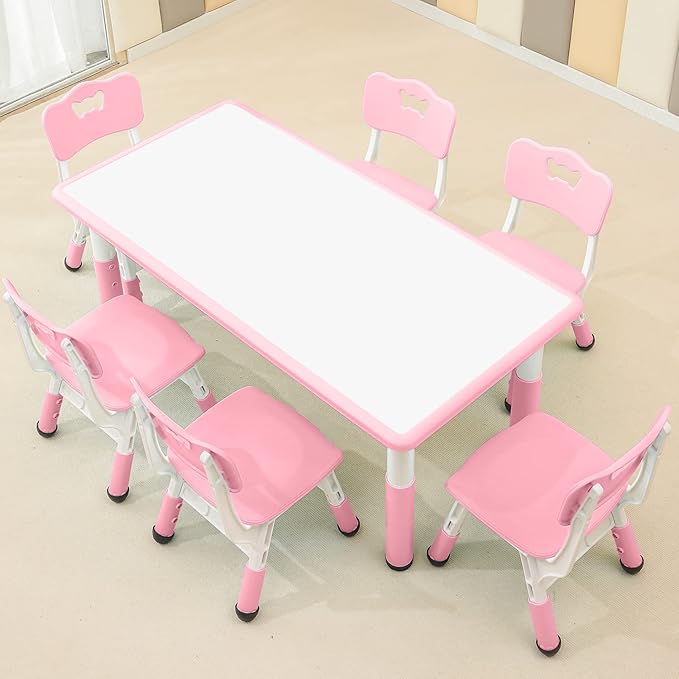 Children's Table and Chair Set Suitable for Boys and Girls Age 2-12 Height Adjustable Table top Can be Painted with 6 Seats Suitable for Family Learning Daily use (Pink)-Ruum Studio Home