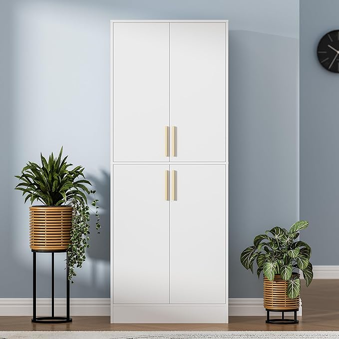 71" Tall Pantry Cabinet with 4 Doors, Kitchen Pantry Storage Cabinet, Freestanding Larder Cupboard, Kitchen Hutch with Gold Handles for Dining Room, Bathroom, White-Ruum Studio Home