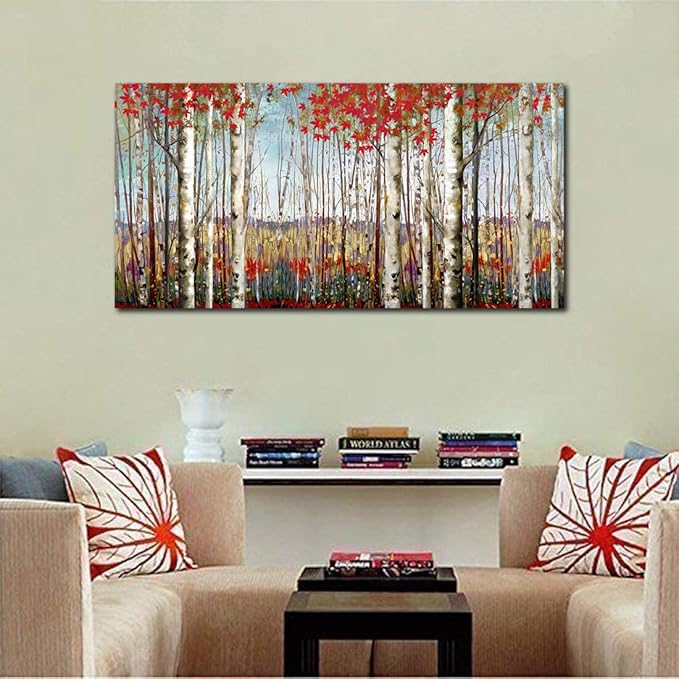 Canvas Wall Art for Living Room Bedroom Modern Wall Decor of Red Leaves White Birch Tree Forest Giclee Print Painting Artwork Wall Decoration 24x48 Large Size with Wood Framed Easy to Hang for Home-Ruum Studio Home