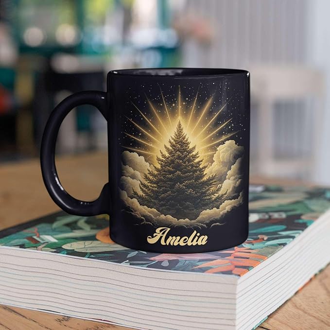 Spiritual Nature Themed Ceramic Cup, Custom Name Coffee Mug 11oz or 15oz, Personalized Pine Tree Black Cup for Christmas, Custom Winter Season Coffee Mug, Gifts for Friends, Family-Ruum Studio Home
