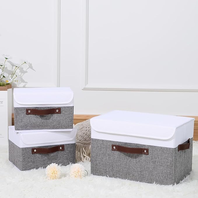 ANMINY 4PCS Storage Boxes with Lid Washable Decorative Storage Bins Basket with PU Leather Handle Foldable Linen Fabric Storage Cubes Containers for Home Closet Organizer - Gray White, Small Size-Ruum Studio Home