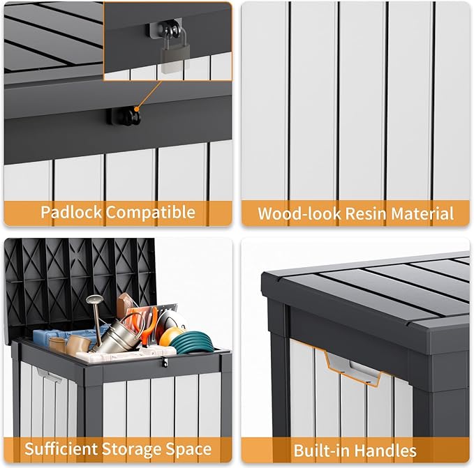 40 Gallon Resin Deck Box, Lockable Patio Outdoor Storage Box for Furniture, Garden Tools and Tools Storage, Waterproof Outside Storage Boxes - Black&White-Ruum Studio Home