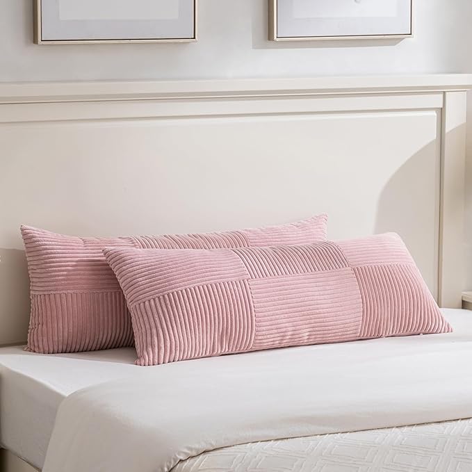 Fancy Homi Set of 2 Blush Pink Boho Long Lumbar Body Decorative Throw Pillow Cover 14x36 Inch for Bed Couch Bedroom Bench, Soft Patchwork Corduroy Textured Pillow Case, Rustic Farmhouse Room Décor-Ruum Studio Home