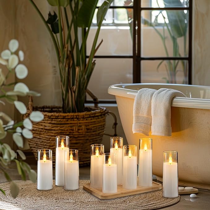 Amagic Pure White Flameless Candles, 9 Pack Battery Operated Candles with Remote and Timer, Acrylic Flickering Electric LED Candles for Wedding, Holiday Decor, D2.2''xH5''6" 7", Warm Yellow Glow-Ruum Studio Home