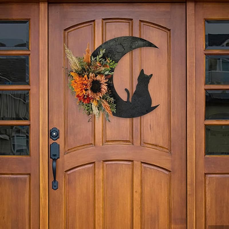 Halloween Wreaths for Front Door, Black Cat on Moon Garland with Rose Wreath Decor, Halloween Decorations Crescent Moon Wreath for Home Party Window Wall Indoor Outdoor (orange flower)-Ruum Studio Home