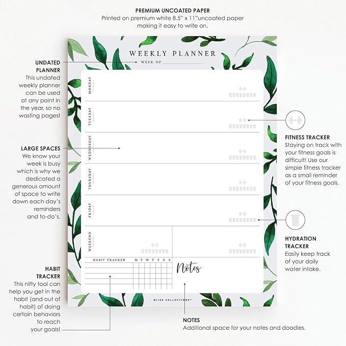 Bliss Collections Weekly Planning Pad, Desk Calendar - Greenery - Undated Tear-Off Sheets Notepad - Calendar, Organizer, Scheduler for Goals, Tasks, Ideas, Notes & To-Do Lists - 8.5" x 11", 50 Sheets-Ruum Studio Home