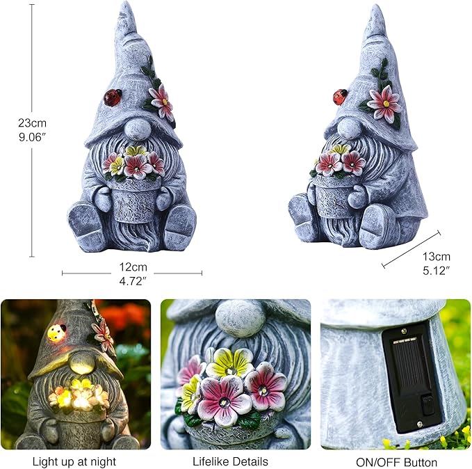 Goodeco Sitting Gnome Holding Flower Statue - Solar Garden Gnomes Decor for Outside with LED Lights, for Women or Moms, Housewarming Gnome Decorations-Ruum Studio Home