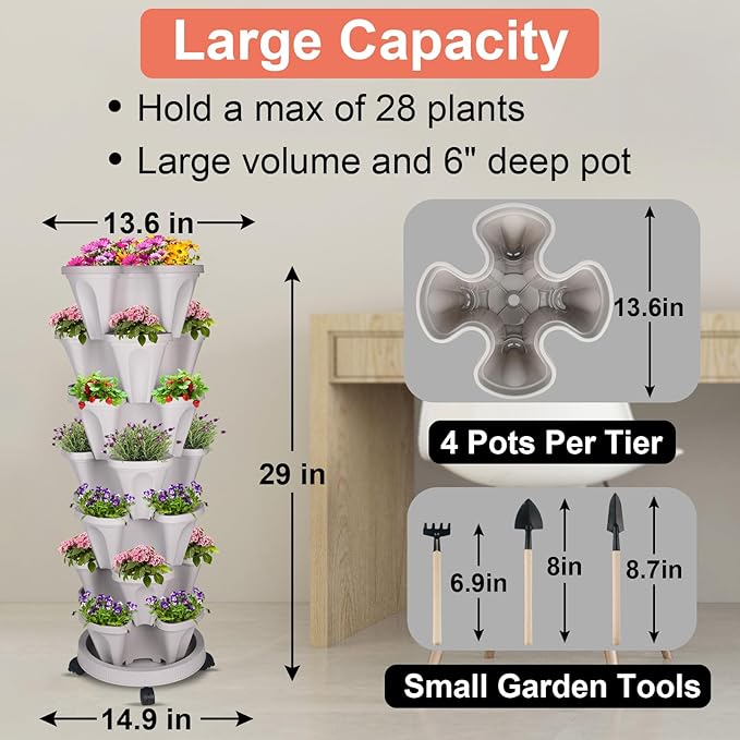 Vertical Planter 7 Tier Stackable Planters Garden Planters Strawberry Herb Flower and Vegetable Planter Indoor Outdoor Gardening Pots with Removable Wheels and Tools-Ruum Studio Home