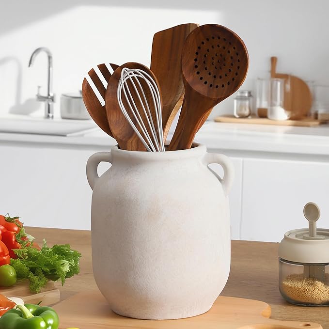 Ceramic Flower Vase Home Decor - 7.6 Inch Farmhouse Rustic White Table Vases with Handle Living Room Decoration Decorative Vintage Pottery for Kitchen Shelf Coffee Dining Desk Bookshelf Fireplace-Ruum Studio Home