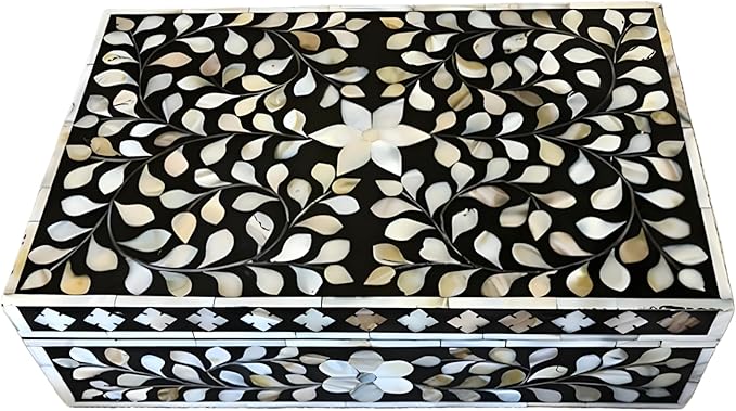 Decorative Wooden Storage Box with Mother of Pearl Inlay – Elegant Floral Design – Perfect for Home Décor in Living Room, Dining Area, or Bedroom (Black, 12x8x5 inches)-Ruum Studio Home