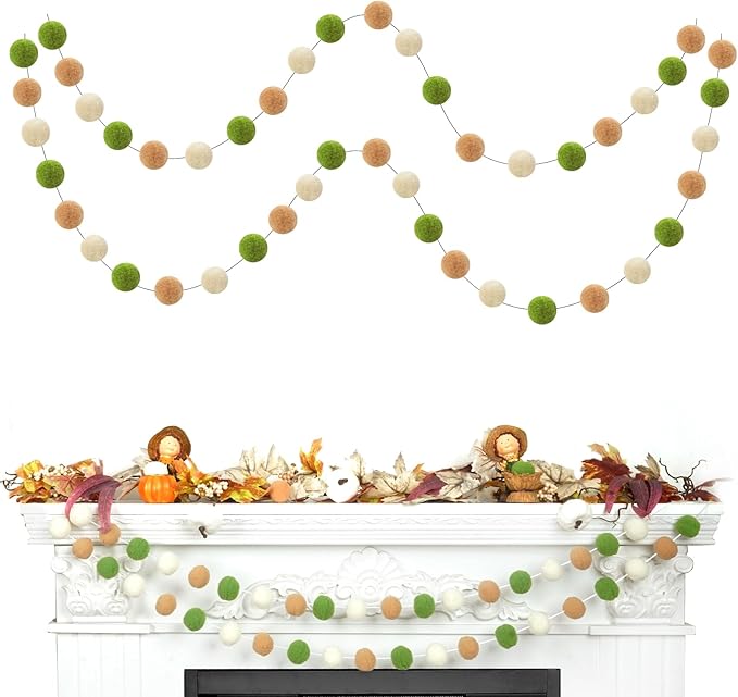TBD Decor 2pk Pom Pom Garland 13FT Colorful Large Felt Ball Garland Fall Decoration for Mantle,Indoor Holiday Wedding Birthday Party Supplies(Green Brown)-Ruum Studio Home