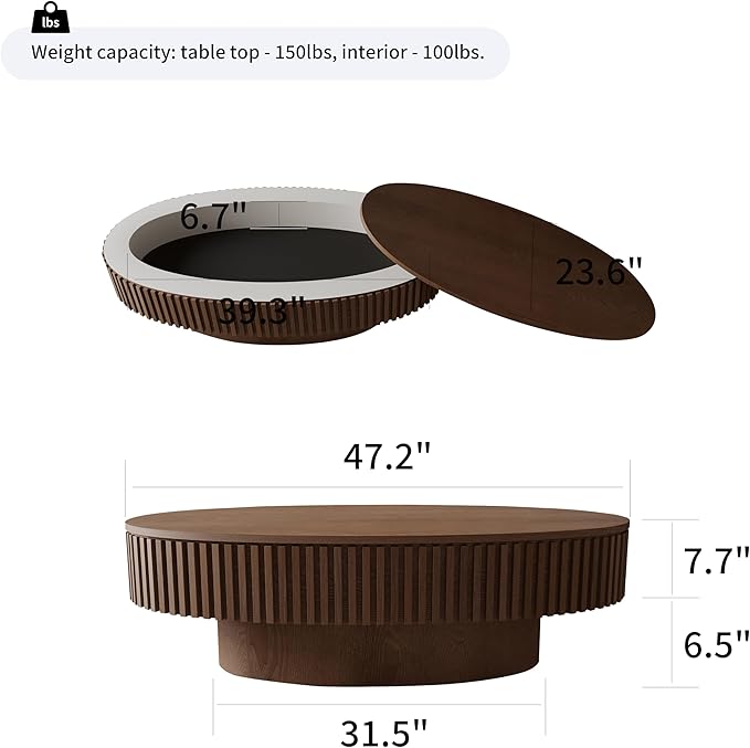 47.2''Oval Coffee Table with Storage, Mid Century Modern Fluted Drum Center Tables with Lid, Solid Wood Side Pedestal Coffee Table Tea Table for Living Room, Bedroom, Apartment-Walnut-Ruum Studio Home