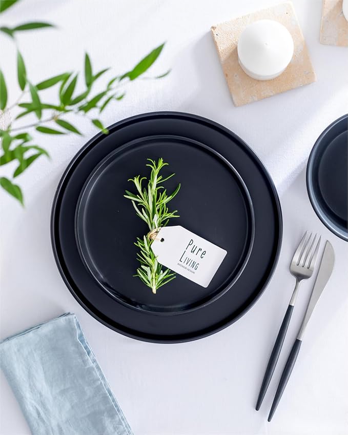 Ceramic Dinnerware Set - Scratch Resistant, Dishwasher & Microwave Safe Stoneware - 12 Piece Plates and Bowls for 4 - Matte Black-Ruum Studio Home