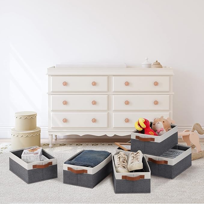 GhvyenntteS Small Fabric Storage Bins with Handles 6 Pack, 11.8" x 7.87" x 5.11" Storage Baskets for Shelves, Baskets for Organizing Clothes Underwear Socks Hats DVDs (Grey/White)-Ruum Studio Home