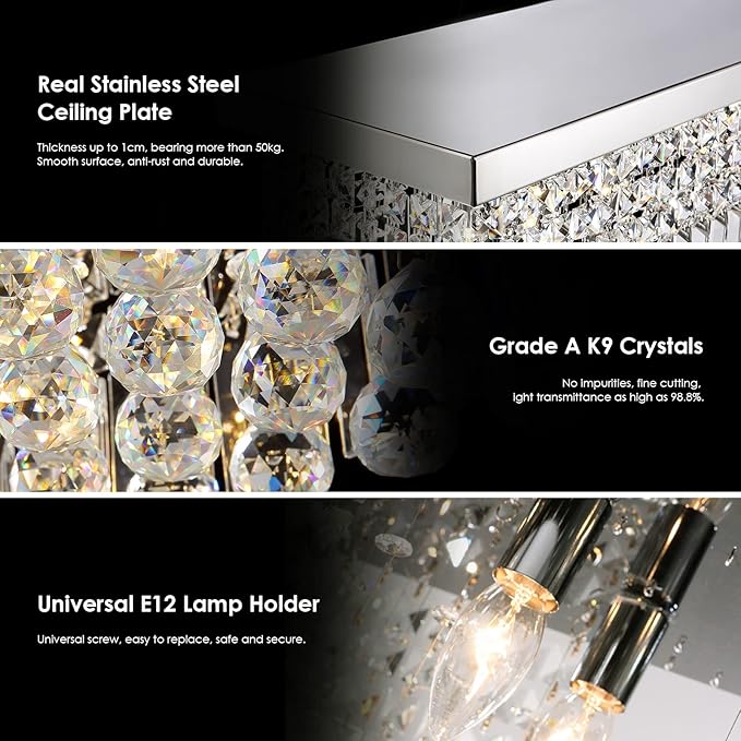 Siljoy Modern Crystal Chandelier 8-Lights Rectangular Flush Mount Pendant Ceiling Light Fixture Rectangle K9 Crystal Raindrop Chandelier for Dining Living Room Kitchen Island L40'' x W10'' x H10'-Ruum Studio Home