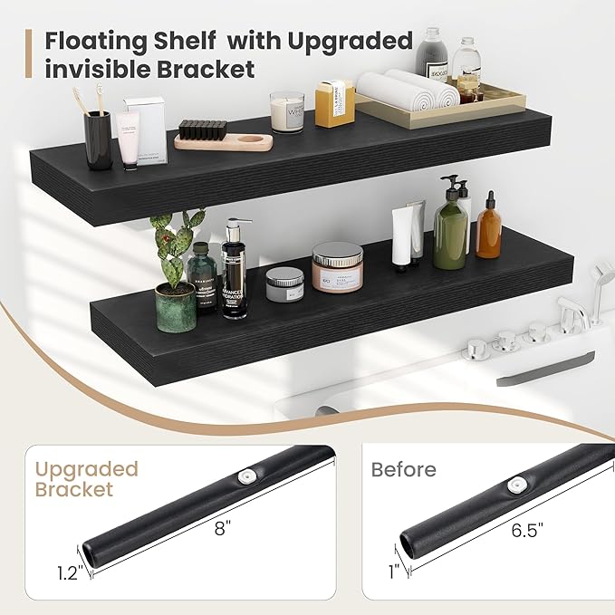 Heimlove 24 x 12 Inch Deep Floating Shelves Wall Mounted with Invisible Brackets,Storage Hanging Shelf for Wall Decor in Bathroom, Bedroom, Toilet, Kitchen, Living Room, Office Set of 2 (Black)-Ruum Studio Home