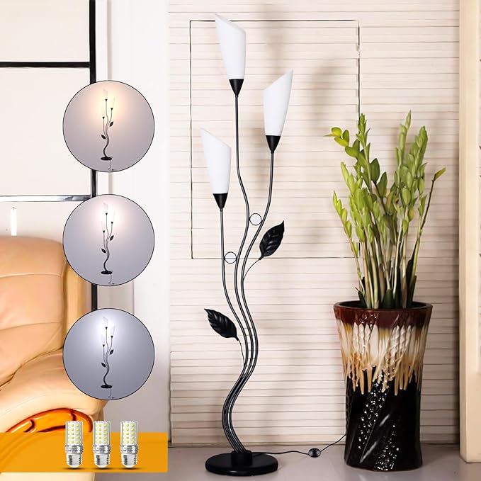 JBZ Flower Floor Lamp for Living Room, 62" Tall Pole Lamp with Foot Switch, with 3 Heads Dimmable LED Lamps for Farmhouse Rustic Bedroom Office, with Plug and 1200LM, 3 Color Temperatures E27-Ruum Studio Home