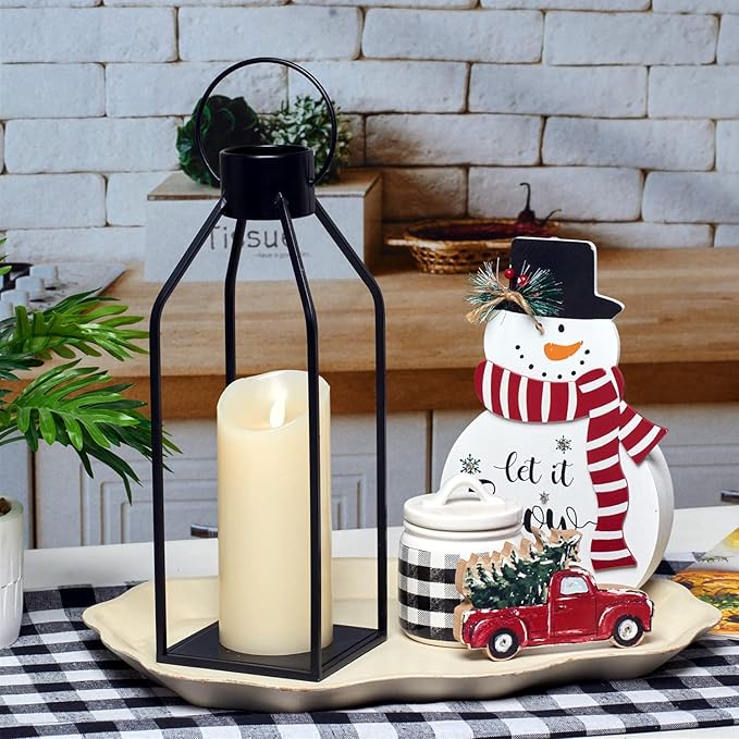 HPC Decor Modern Farmhouse Lanterrn Decor- Black Metal Candle for Summer Night- Lanterns w/Timer Flickering Candles for Living Room,Home,Indoor, Outdoor,Table,Fireplace Mantle Décor-Ruum Studio Home