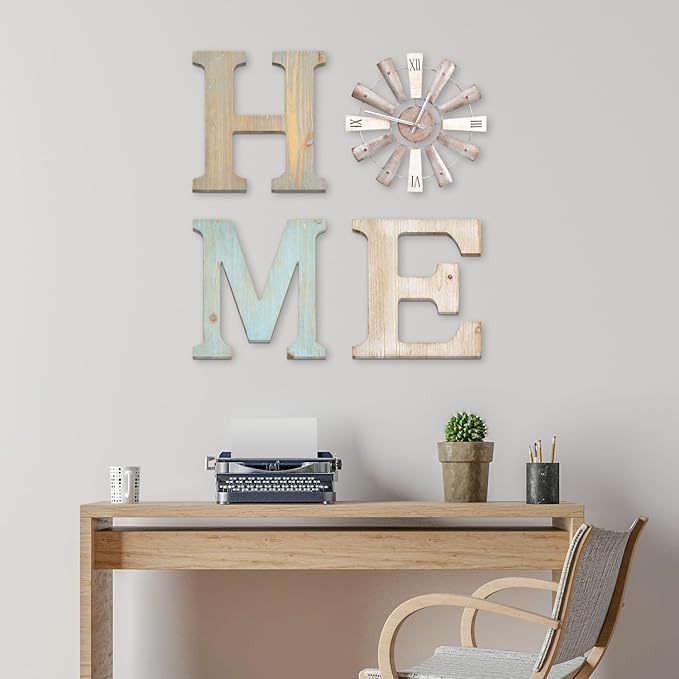 ZAZIWZ Farmhouse Home Signs with Windmill Clock Wall Decor Rustic Home Letters Wall Art for Living Room Kitchen Entryway Dining Room Bedroom (mix color)-Ruum Studio Home