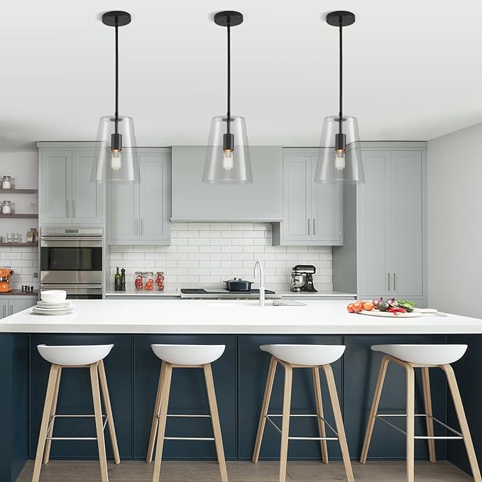 Black Big Pendant Lights Kitchen Island - Clear Glass Pendant Light Fixture Multiple Stems Rods 3 Units 12 Inch 3 Units 4 Inch (2 Pack Black Downrod Pendant with 7.5in W 9.5in H Shade)-Ruum Studio Home