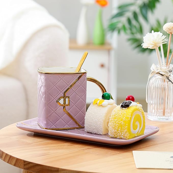Zubebe 1 Set Coffee Mug Elegant Handbag Shaped Cup Modern Ceramic Purse Mug with Spoon and Saucer, 10oz Cute Creative Tea Cup for Office Home Woman Girls Gift (Purple)-Ruum Studio Home