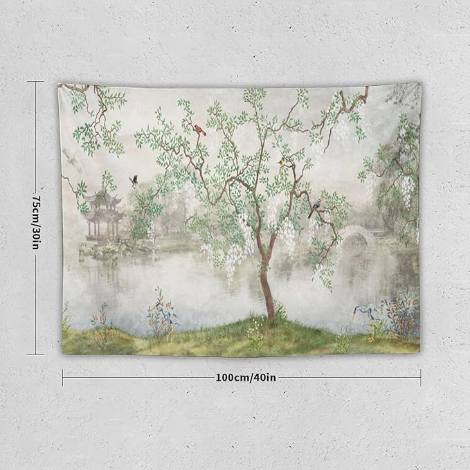 HZOHNAGO Japanese Tapestry Tree Misty Garden Lake Printed Wall Tapestry Ink Painting Wall Hanging for Bedroom Living Room Dorm 40" W x 30" H-Ruum Studio Home