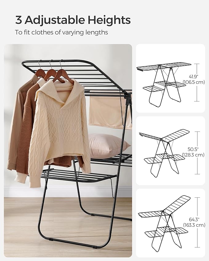 SONGMICS Clothes Drying Rack, Foldable 2-Level Laundry Drying Rack, Free-Standing Laundry Airer, with Height-Adjustable Wings, 33 Drying Rails, Sock Clips, Black ULLR053B01V1-Ruum Studio Home