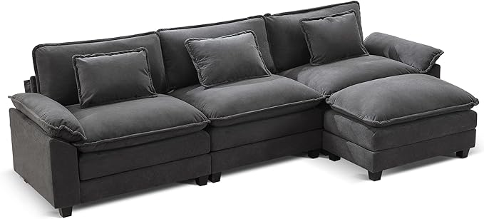 URRED Modular Sectional Sofa Comfy Cloud Couch, Modern Velvet Sofa Sleeper Deep Seat Couches with Ottoman/Pillows for Living Room (Dark Gray, 117''- L Shape)-Ruum Studio Home