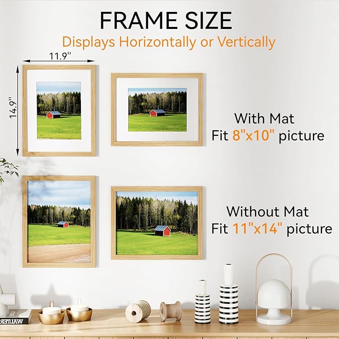 IBUYKE 11 x14 Picture Frame,Solid Oak Wood 11x14 Photo Frame with Mat to 8x10,11x14 Picture Frames With Tempered Glass,Wall Mount Display,Home Decor,Natural Oak 14 x 11 Frame,UWPF1114N-Ruum Studio Home