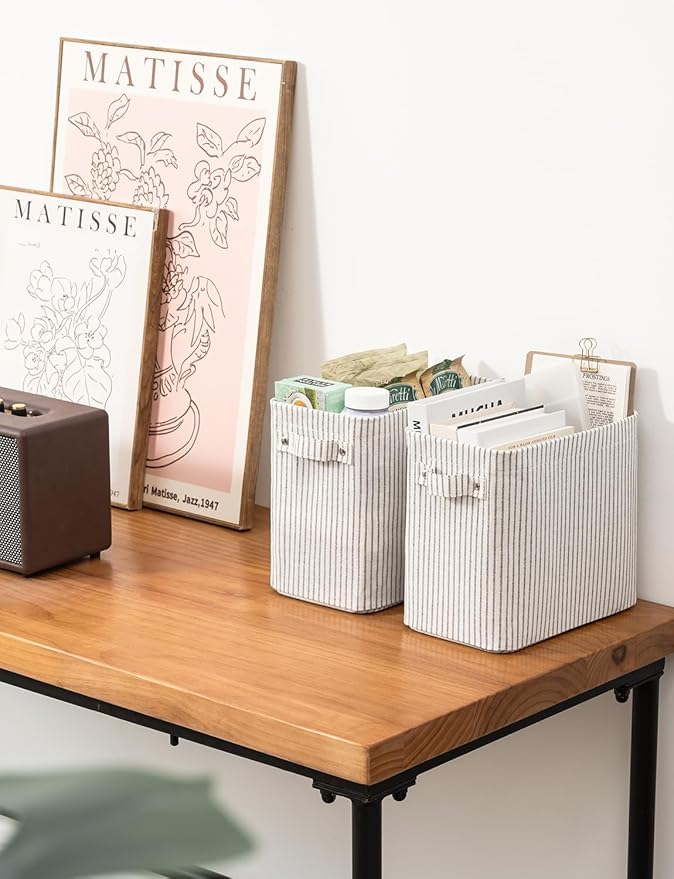 StorageWorks Narrow Storage Bins, Small Basket for Closet and Shelves, Rectangular Fabric Organizer with Handles, Toilet Paper Storage, Gray and White Stripes, 2-Pack-Ruum Studio Home