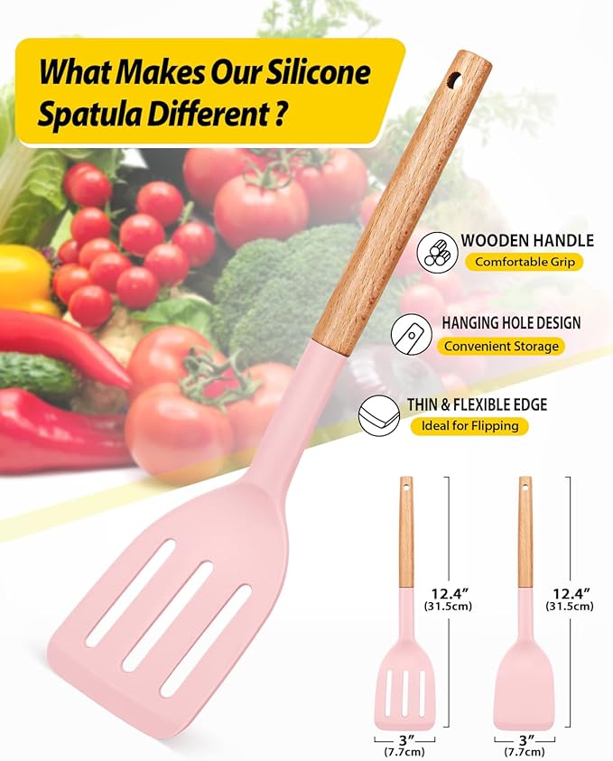 Pack of 2 Silicone Cooking Spatula, Heat Resistant Solid Turner, Non Stick Slotted Spatulas with Wooden Short Handle,Ideal Wood Kitchen Utensils Set for Frying, Baking, Flipping, Turning-Ruum Studio Home