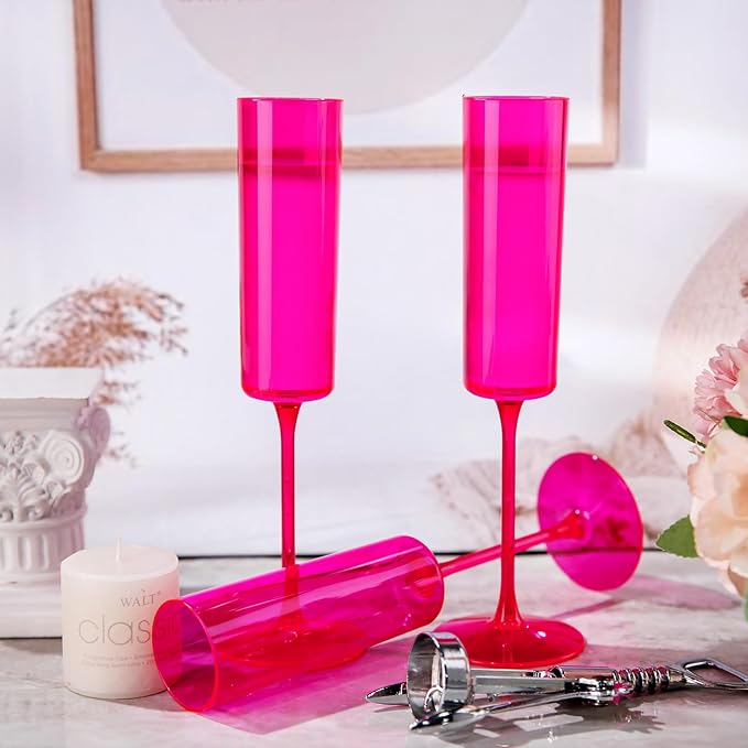 Ciaell 24 Pack Plastic Champagne Flutes - Hot Pink 6 Oz Disposable Champagne Glasses - Square Plastic Toasting Glasses for Party Birthday Anniversary Wedding-Ruum Studio Home