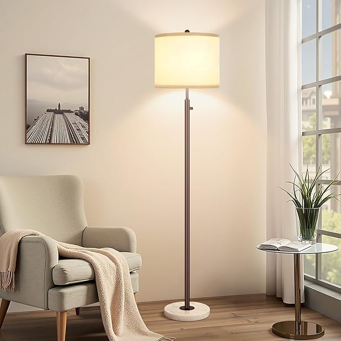 Nintiue 【Upgraded】 Dimmable Floor Lamp for Living Room, 11W LED Bulb Included, Modern Standing Lamp with Marble Base, Tall Pole Light with Linen Shade for Bedroom Reading Office Corner Nursery-Brown-Ruum Studio Home