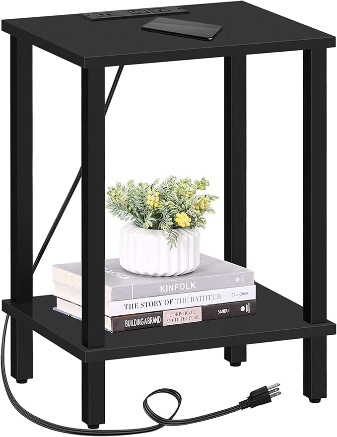 TUTOTAK End Table with Charging Station, Side Table with USB Ports and Outlets, Nightstand, 2-Tier Storage Shelf, Sofa Table for Small Space TB01BK040-Ruum Studio Home
