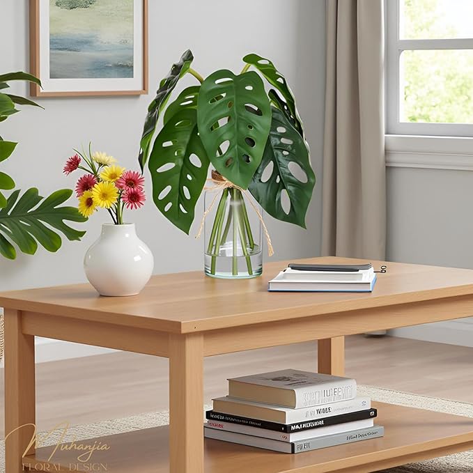 Artificial Flowers Turtle-Back, Alocasia Leaf, in Glass Vase with Faux Water,7Pcs Artificial Leaves Real Touch Latex Leaves for Centerpiece (2, Turtle-Back Leaf)-Ruum Studio Home