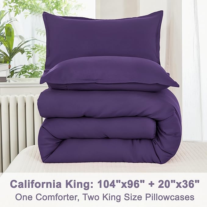 Litanika Purple Comforter Set California King Size, 3 Pieces Cal King Lightweight Solid Bedding Comforter Set, Oversized All Season Fluffy Bed Set (104x96In Comforter & 2 Pillowcases)-Ruum Studio Home
