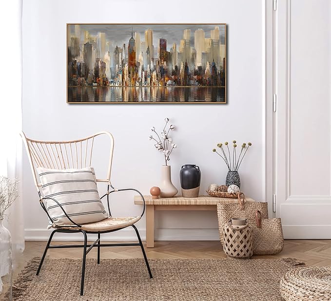 Mofutinpo Abstract Modern Canvas Wall Art for Living Room Cityscape New York Wall Decor City Theme Paintings Brown Framed Pictures Office Artwork Wall Decor Bedroom Above Bed-Ruum Studio Home