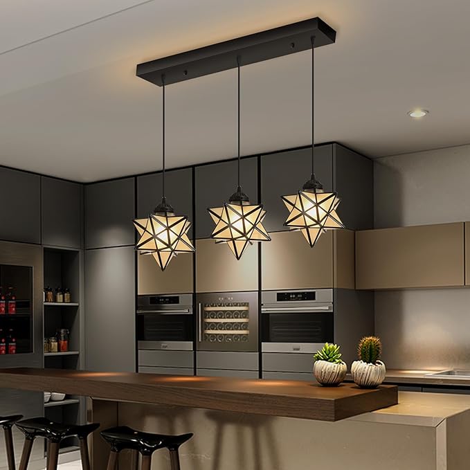 Modern Frosted White Glass Chandelier Dining Room Farmhouse Star Pendants Lights for Kitchen Island LED Ceiling Hanging Lighting Included Warm Light Bulbs Black-Ruum Studio Home