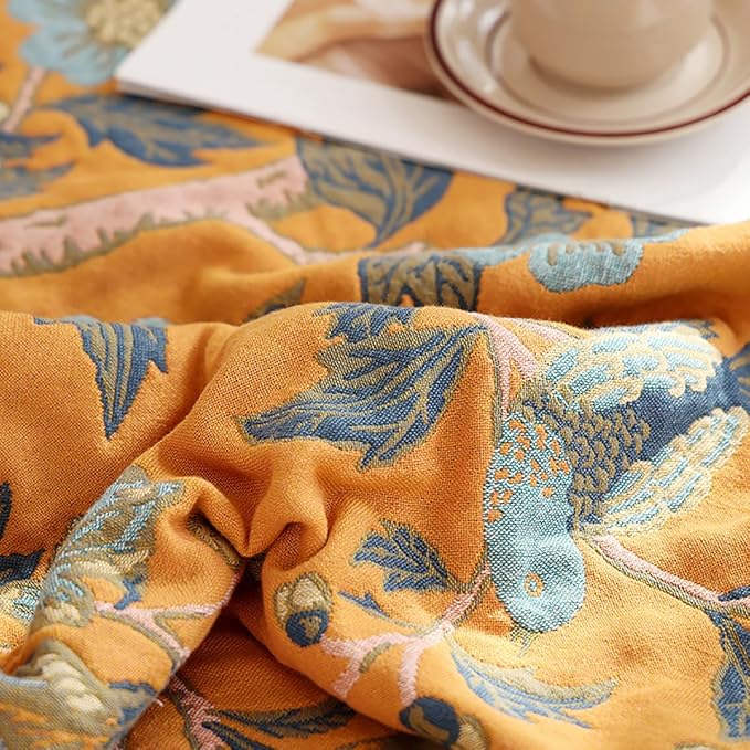 Boho Muslin Blanket for Adults 4-Layer Gauze Twin Size Soft Cozy 100% Cotton Summer Cooling Blanket Floral Decor for Sofa Bed Coverlet Both Sides (Flowr Branch Orange, Twin 60 x 80 in)-Ruum Studio Home