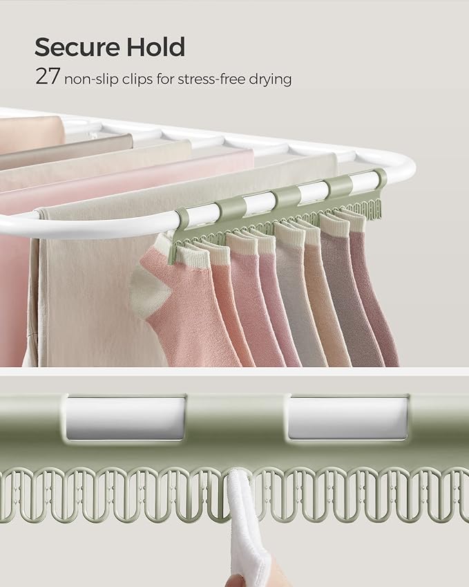 SONGMICS Clothes Drying Rack, with Sock Clips, Metal Laundry Rack, Foldable, Space-Saving, Free-Standing Airer, with 2 Height-Adjustable Gullwings, Indoor Outdoor Use, White and Green ULLR052C01-Ruum Studio Home