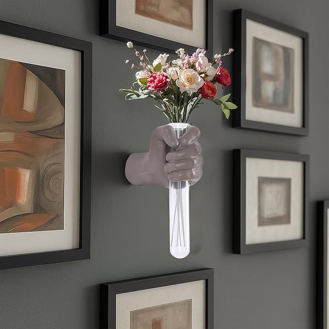 Wall Sculptures, Hand Vases Home Decor, Wall Mount Art Sculpture, Unique Wall Art Statue, Funky Flower Vase Decorations, Modern Eclectic Hanging Decor,Glass Test Tube Vase (Beige)-Ruum Studio Home