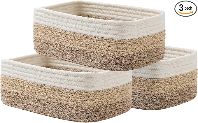 KALLAX Small Woven Basket, 12 x 8 x 4.5 Inches, Storage Basket for Organizing, Cute Small Rope Shelf Closet Cube Storage Bins Baskets for Shelves, Dog Toy Gift Baskets Empty, 3 Pack Gradient Brown-Ruum Studio Home