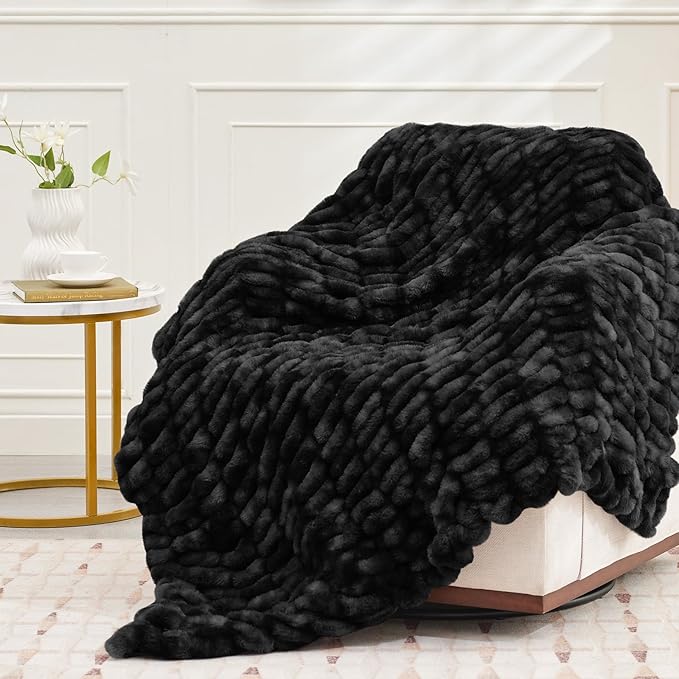 Ultra Soft Luxury Faux Fur Twin Blanket for Counch,Fuzzy Fluffy Plush Warm Cozy Elegant Wrinkled Blanket for Sofa Bedroom Living Room,（60"x80",Tie-dye Black）-Ruum Studio Home