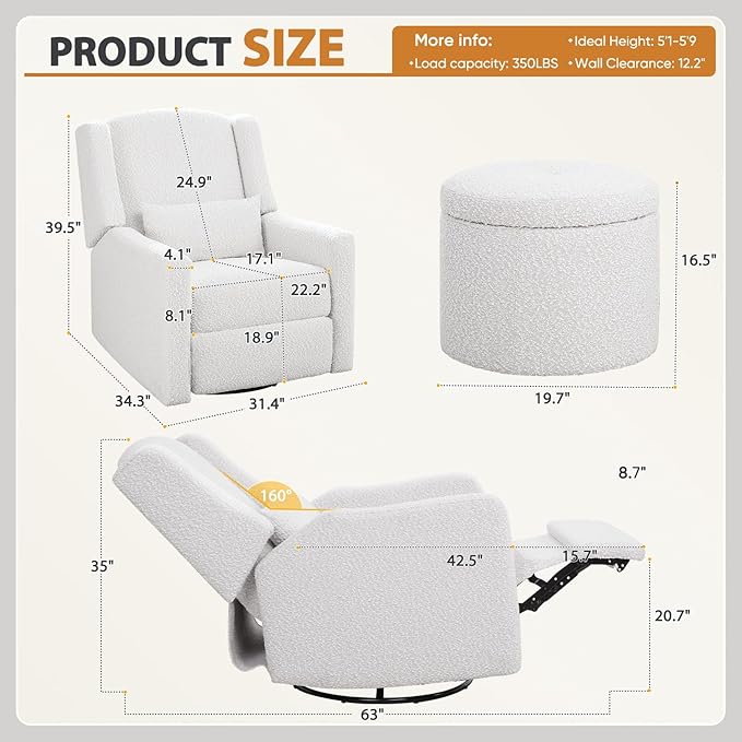 Power Recliner Chair Swivel Glider, Large Rocker Recliner with Ottoman & USB Charging Port, Boucle Upholstered Swivel Rocker Glider Recliner for Nursery,Bedroom,Living Room, Cream-Ruum Studio Home